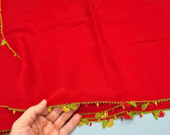 Czerwony szalik Oya Vintage z bawełny z koronką igłową 95x95 Anatolian Gift