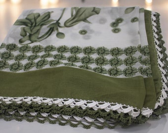 Green Floral Vintage Cotton Scarf Lace Edge Easter Mothers Day Gift Mom