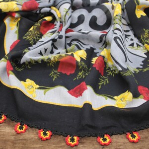 Collectible Vintage Scarf, Handmade Lace Embroidered Vintage Turkish Scarf,Floral Patterned Black Cotton Scarf,Boho Style Handmade  Scarf