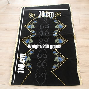 Ramadan Gift Prayer Rug, Vintage Handmade Black Prayer Rug (Prayer Mat) with Blue Floral Embroidery - Islamic velvet  Prayer Rug,Eid Gift