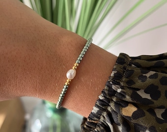 Bracelet pour femme en perles miyuki et perle d'eau douce taille réglable, modèle SAYA