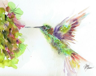 Original Watercolor Painting, 'Hummingbird at Pink Flowers' , This is not a print