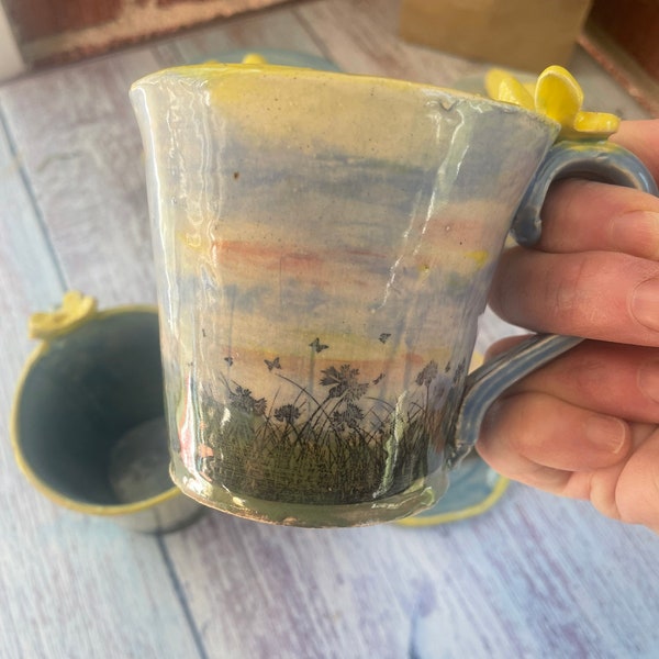 Wildflower and butterflies mugs, dishes, butter dish, hand painted stoneware, pastel glazed ceramic,spoon rest, lidded jar, pitcher,