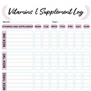 Puede incluir: Un registro de vitaminas y suplementos imprimible con un dise&ntilde;o semanal. El registro tiene espacios para registrar las vitaminas y los suplementos que se toman cada d&iacute;a de la semana. El registro est&aacute; dividido en tres semanas.
