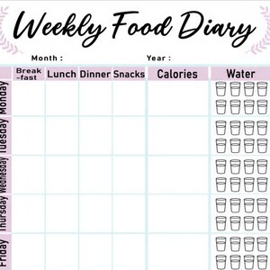 Puede incluir: Un diario de alimentos semanal imprimible con secciones para el desayuno, el almuerzo, la cena, los refrigerios, las calor&iacute;as y la ingesta de agua. El diario est&aacute; dise&ntilde;ado para ayudar a las personas a controlar su consumo de alimentos y agua.