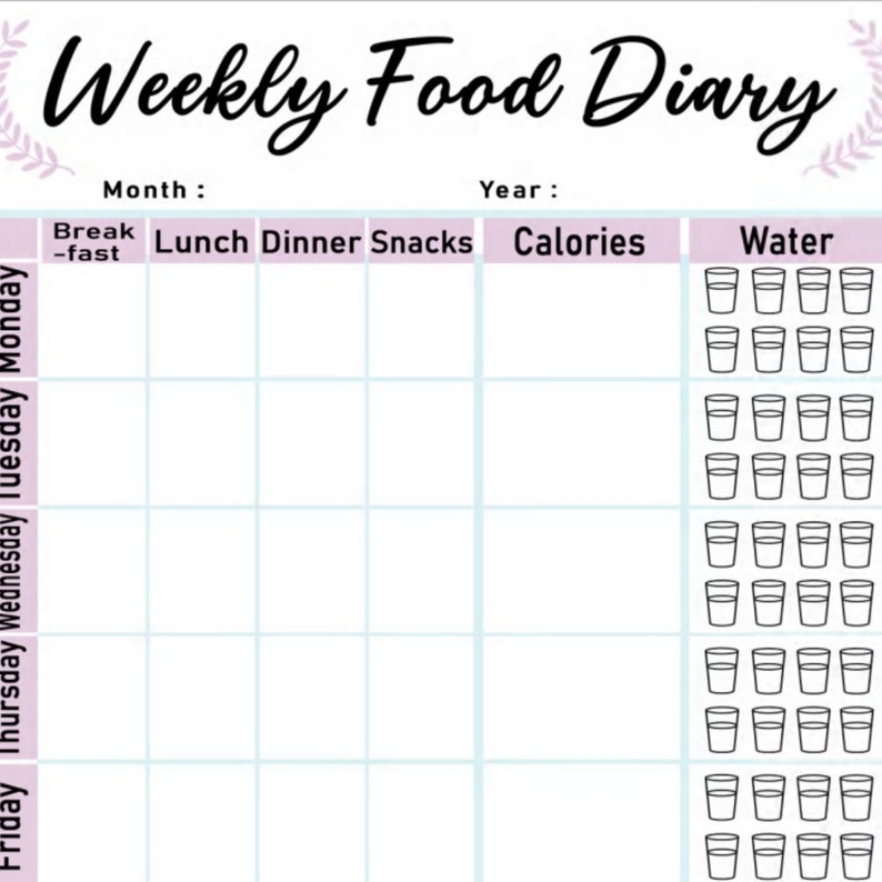 Puede incluir: Un diario de alimentos semanal imprimible con secciones para el desayuno, el almuerzo, la cena, los refrigerios, las calor&iacute;as y la ingesta de agua. El diario est&aacute; dise&ntilde;ado para ayudar a las personas a controlar su consumo de alimentos y agua.