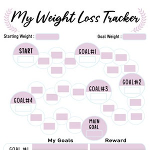 Puede incluir: Un rastreador de p&eacute;rdida de peso imprimible con un esquema de color rosa y azul. El rastreador presenta un camino circular con objetivos numerados y un espacio para una recompensa. El texto "My Weight Loss Tracker" est&aacute; en la parte superior de la p&aacute;gina.