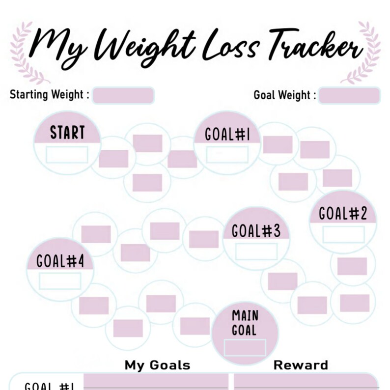 Puede incluir: Un rastreador de p&eacute;rdida de peso imprimible con un esquema de color rosa y azul. El rastreador presenta un camino circular con objetivos numerados y un espacio para una recompensa. El texto "My Weight Loss Tracker" est&aacute; en la parte superior de la p&aacute;gina.
