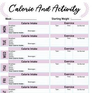 Puede incluir: Un rastreador de calor&iacute;as y actividad imprimible con un esquema de color rosa y azul. El rastreador incluye secciones para registrar la ingesta diaria de calor&iacute;as, el tipo de ejercicio, el tiempo y las calor&iacute;as quemadas. El rastreador est&aacute; dise&ntilde;ado para una semana, con secciones para del lunes al s&aacute;bado.