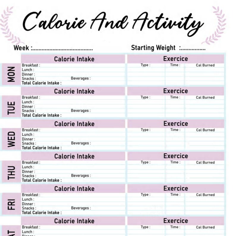 Puede incluir: Un rastreador de calor&iacute;as y actividad imprimible con un esquema de color rosa y azul. El rastreador incluye secciones para registrar la ingesta diaria de calor&iacute;as, el tipo de ejercicio, el tiempo y las calor&iacute;as quemadas. El rastreador est&aacute; dise&ntilde;ado para una semana, con secciones para del lunes al s&aacute;bado.