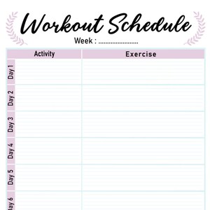 Puede incluir: Una plantilla de horario de entrenamiento imprimible con un esquema de color azul y morado claro. La plantilla tiene una secci&oacute;n para la actividad y el ejercicio, con espacio para escribir los d&iacute;as de la semana.