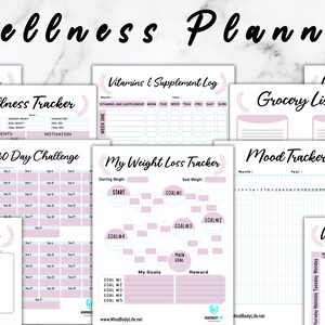 Puede incluir: Un planificador de bienestar imprimible con un esquema de color rosa y azul. El planificador incluye p&aacute;ginas para hacer un seguimiento de las calor&iacute;as, las vitaminas, el estado de &aacute;nimo, la p&eacute;rdida de peso, las listas de la compra y mucho m&aacute;s.