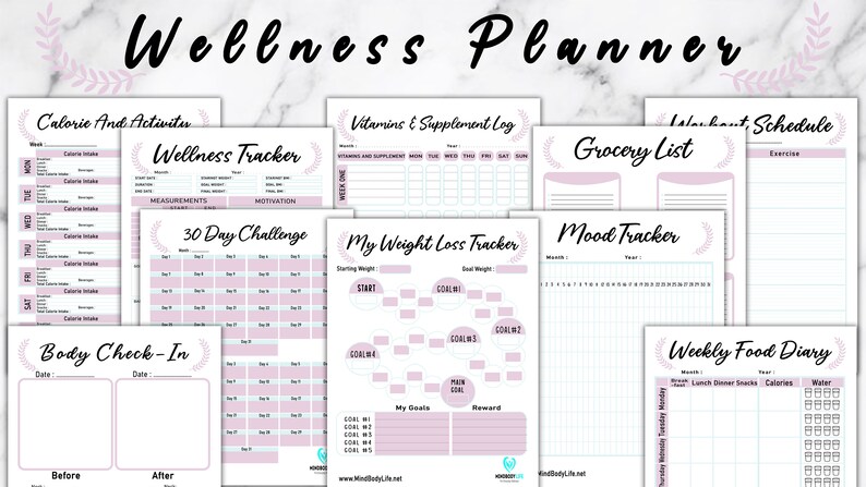 Puede incluir: Un planificador de bienestar imprimible con un esquema de color rosa y azul. El planificador incluye p&aacute;ginas para hacer un seguimiento de las calor&iacute;as, las vitaminas, el estado de &aacute;nimo, la p&eacute;rdida de peso, las listas de la compra y mucho m&aacute;s.