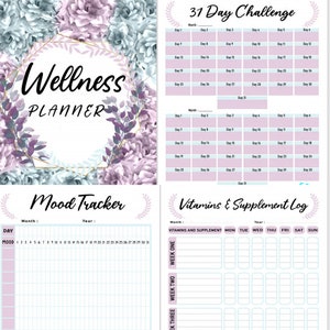 Puede incluir: Un planificador de bienestar imprimible con dise&ntilde;os florales. El planificador incluye secciones para un desaf&iacute;o de 31 d&iacute;as, un rastreador de estado de &aacute;nimo y un registro de vitaminas y suplementos.