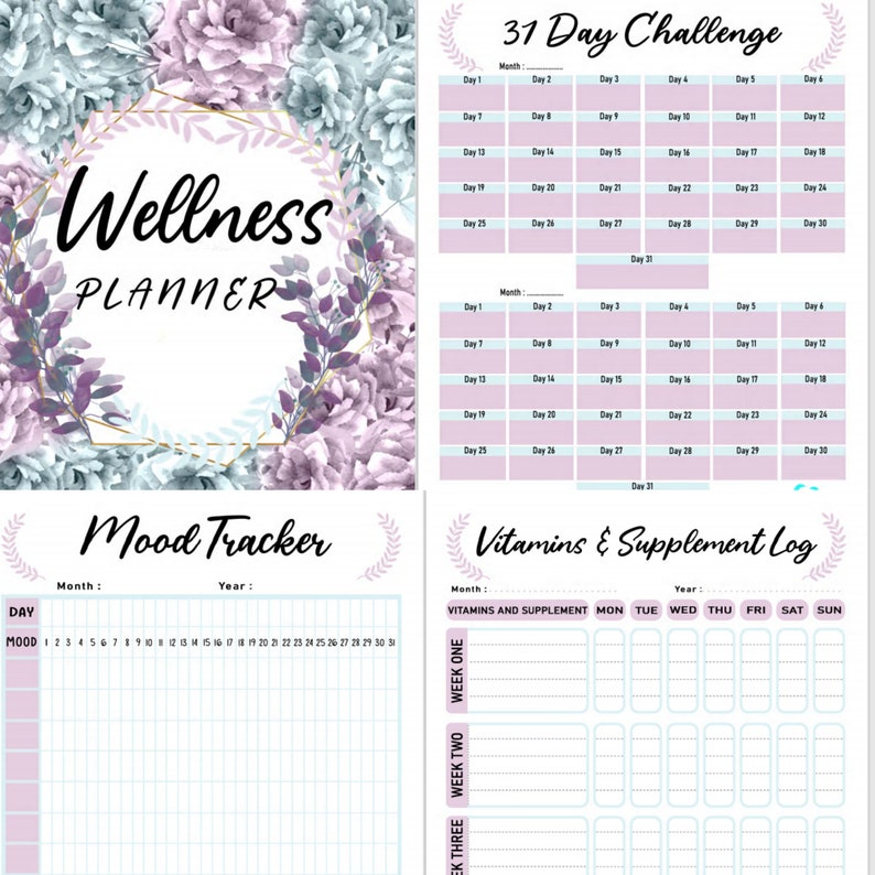 Puede incluir: Un planificador de bienestar imprimible con dise&ntilde;os florales. El planificador incluye secciones para un desaf&iacute;o de 31 d&iacute;as, un rastreador de estado de &aacute;nimo y un registro de vitaminas y suplementos.