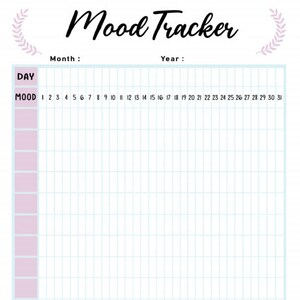 Puede incluir: Un rastreador de estado de &aacute;nimo imprimible con un fondo azul claro y una cuadr&iacute;cula de cuadrados. La cuadr&iacute;cula est&aacute; etiquetada con los d&iacute;as del mes y la palabra "MOOD".