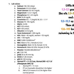 Peut inclure: Une feuille de papier blanche avec du texte noir listant les valeurs de laboratoire et leurs plages normales. Le texte comprend des termes tels que sodium, potassium, calcium total, magnésium, phosphore, BUN, créatinine, glucose, HbA1c, AST, ALT, albumine, cholestérol total, HDL, LDL, globules blancs, globules rouges, hémoglobine, hématocrite, plaquettes, pH, pCO2, HCO3, pO2, PT, INR, PTT, digoxine, lithium et dilantin.
