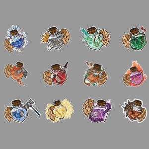 May include: Twelve illustrated stickers featuring potion bottles with various colors and designs. Each bottle has a label with a different name, such as "Regur", "Druid", and "Valiant".