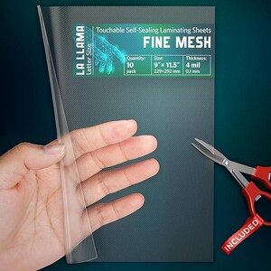 May include: La Llama letter size touchable self-sealing laminating sheets with a fine mesh texture. The pack contains 10 sheets, each measuring 9 inches by 11.5 inches with a 4 mil thickness. Red scissors are included for trimming the clear plastic.