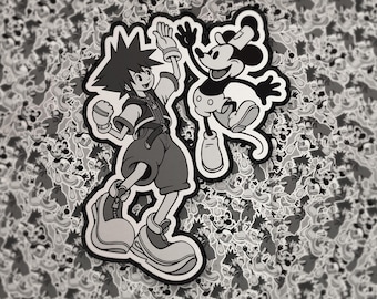 Sticker inspiré des dessins animés et des héros de la Keyblade intemporels Sora et Mickey, art de fan de croisement de jeu, décalque de style anime nostalgique
