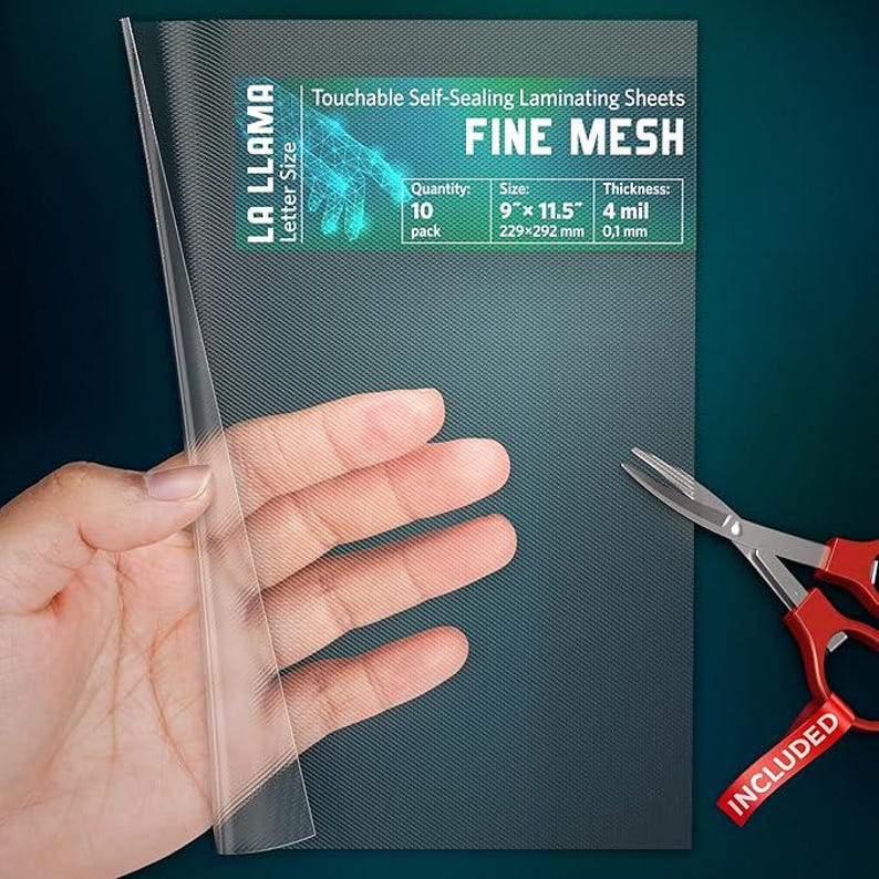 May include: La Llama letter size touchable self-sealing laminating sheets with a fine mesh texture. The pack contains 10 sheets, each measuring 9 inches by 11.5 inches with a 4 mil thickness. Red scissors are included for trimming the clear plastic.