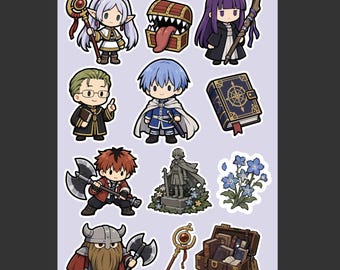 Feuille d’autocollants Frieren, personnages d’anime Chibi et art d’aventure fantastique, Fern Stark Mimic Grimoire