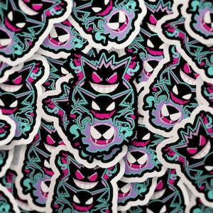 Gengar Evolution Sticker | Gastly Haunter Gengar Stack Vinyl Decal | Ghost Type Pokemon-Inspired Art | Cute Spooky Anime Sticker