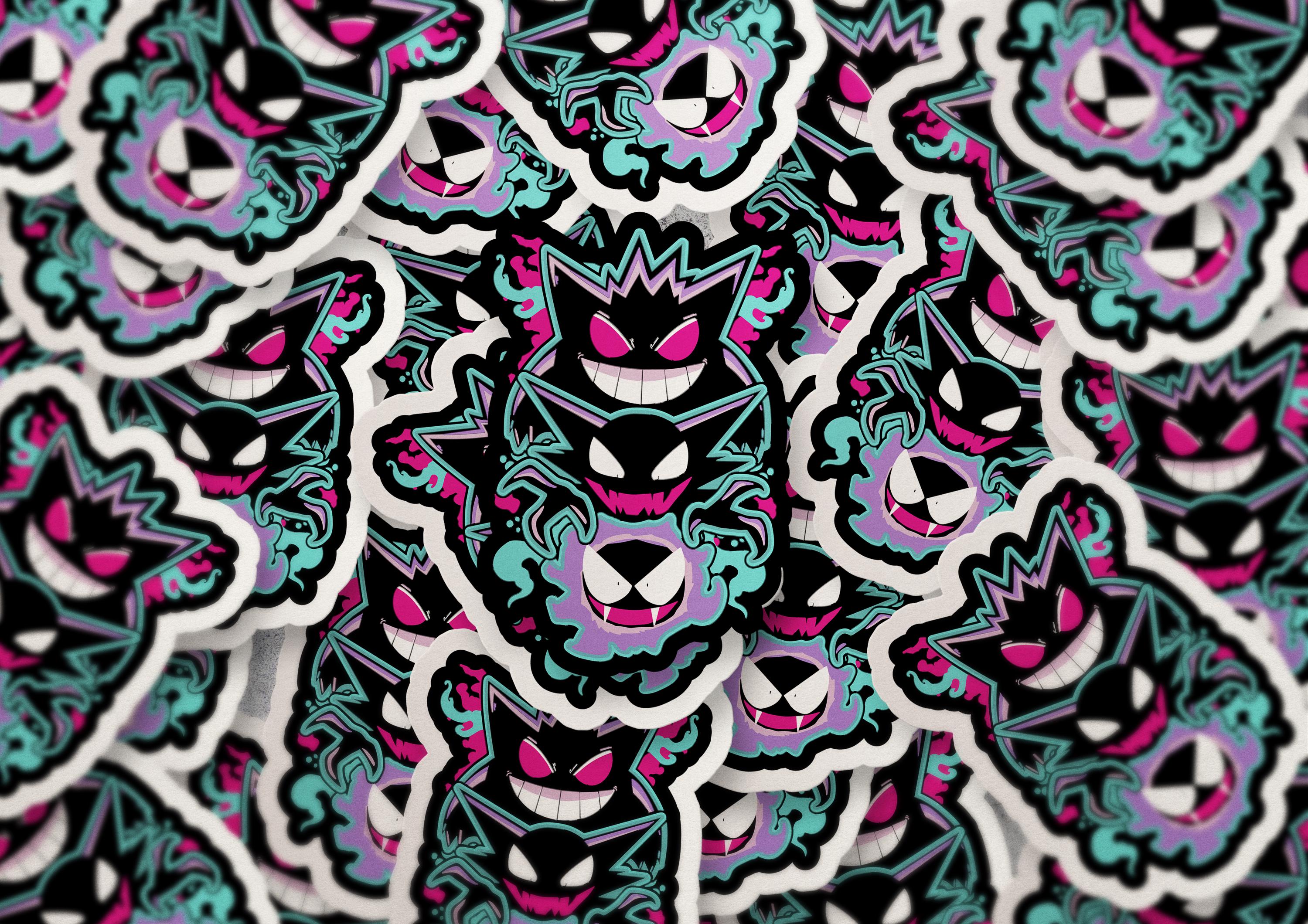 Gengar Evolution Sticker | Gastly Haunter Gengar Stack Vinyl Decal | Ghost Type Pokemon-Inspired Art | Cute Spooky Anime Sticker