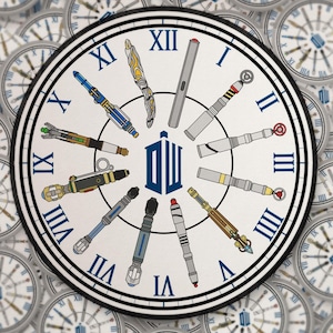 May include: A white clock face with blue Roman numerals and a black border, featuring various colorful sonic screwdrivers. The clock's center displays the TARDIS logo. The background is filled with blurred clock faces.