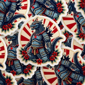 Samurai Godzilla Sticker – Kaiju & Japanese Warrior Art, Retro Anime Monster Decal for Laptop, Water Bottle – Holo, Matte, Glitter Finish