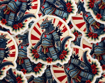 Samurai Godzilla Sticker – Kaiju & Japanese Warrior Art, Retro Anime Monster Decal for Laptop, Water Bottle – Holo, Matte, Glitter Finish