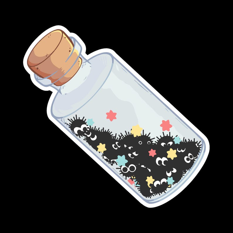 May include: A clear glass bottle with a cork stopper, filled with black, fluffy creatures with large eyes. Colorful star-shaped confetti floats inside. The bottle is tilted against a black background.