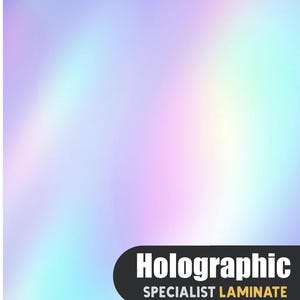 May include: A sheet of holographic laminate featuring a smooth, iridescent surface with shifting gradients of light blue, purple, and pink. In the bottom right corner, a black rounded rectangular label displays the white text HOLOGRAPHIC and the yellow text SPECIALIST LAMINATE.