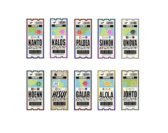 Stickers billets pour la région Pokémon - Kanto, Johto, Hoenn - Set de vinyles découpés