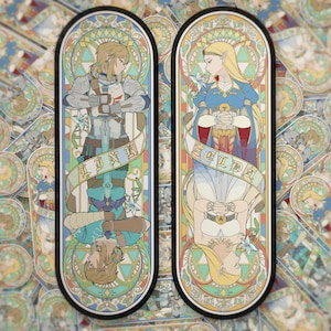 May include: Two stained-glass style illustrations featuring characters from a video game. One depicts a knight with the text "LINK", the other a princess with the text "ZELDA". The background is a mosaic of similar designs.