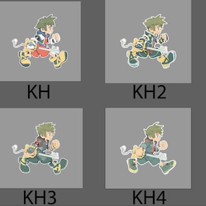 May include: Four square images featuring a cartoon character in a running pose, each with a different color scheme. The character has spiky green hair and is holding a key-shaped weapon. The text "KH", "KH2", "KH3", and "KH4" are below each image.