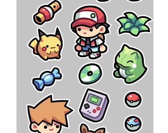 Feuille d'autocollants Dresseur de Pokémon Chibi – Rouge, bleu, Pikachu et Évoli | Stickers gamer kawaii pour interrupteur, ordinateur portable et bouteilles d'eau