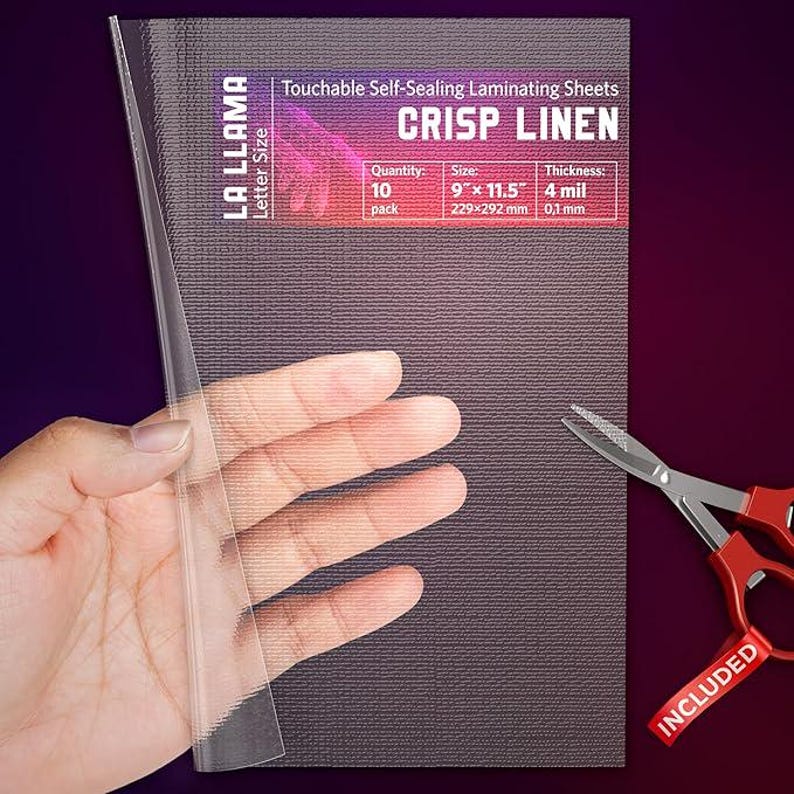 May include: La Llama brand touchable self-sealing laminating sheets with a crisp linen texture. The pack contains 10 letter-size sheets measuring 9 inches by 11.5 inches with a 4 mil thickness. A pair of red-handled scissors is included in the set.