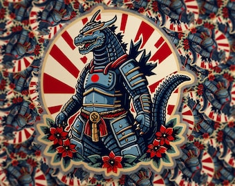 Sticker Godzilla Samurai : Sticker art kaiju japonais rétro