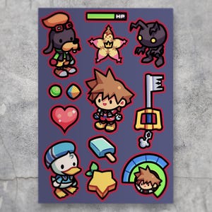 May include: A sticker sheet featuring various Kingdom Hearts characters and items, including a dog, a duck, a spiky-haired boy, a key-shaped sword, a heart, a star, a popsicle, and a health bar with the text HP on a dark purple background.