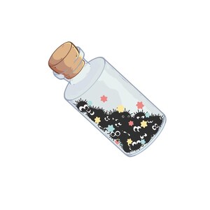 May include: A clear glass bottle with a cork stopper, tilted to the side, filled with small, black, furry creatures with large eyes. Colorful star-shaped confetti floats inside the bottle, creating a whimsical scene.