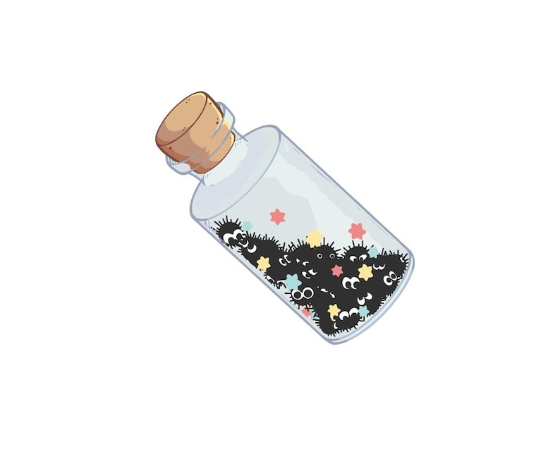May include: A clear glass bottle with a cork stopper, tilted to the side, filled with small, black, furry creatures with large eyes. Colorful star-shaped confetti floats inside the bottle, creating a whimsical scene.