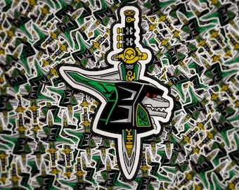 Sticker casque et poignard Dragonzord – Sticker vinyle MMPR inspiré des Rangers verts