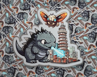 Sticker Chibi Godzilla & Mothra – Sticker anime Kaiju, art de Tokyo