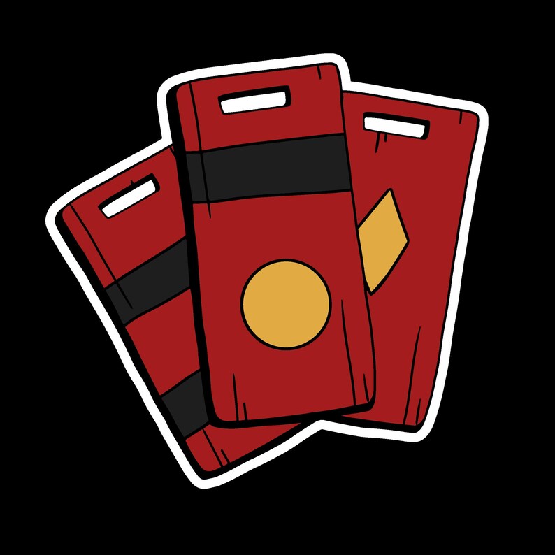 May include: Three red rectangular objects with black stripes and a white outline. One has a gold circle, another a gold diamond. Each has a small rectangular cutout at the top. The background is black.