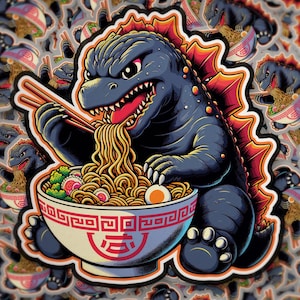 May include: A sticker featuring a cartoon Godzilla character eating ramen from a bowl with chopsticks. The Godzilla is dark blue with red accents, and the bowl has a red and white design. The background is a pattern of similar stickers.
