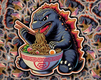 Sticker ramen Godzilla - Sticker mignon kaiju nouilles monstre style anime vinyle pour ordinateur portable et bouteille d'eau