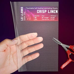 May include: La Llama brand touchable self-sealing laminating sheets with a crisp linen texture. The pack contains 10 letter-size sheets measuring 9 inches by 11.5 inches with a 4 mil thickness. A pair of red-handled scissors is included in the set.