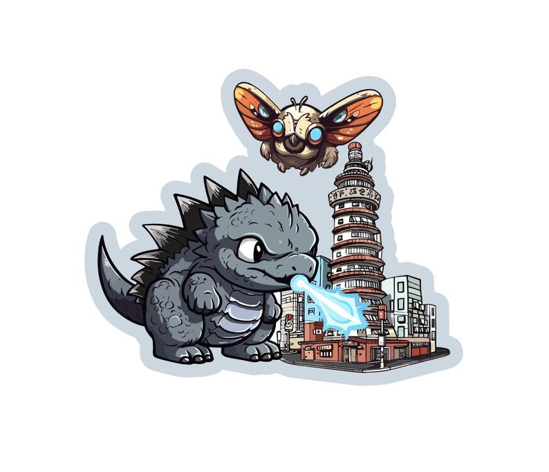 May include: A sticker featuring a grey, spiky, bipedal creature breathing a blue energy beam toward a city building. Above the creature, a brown, moth-like insect with large blue eyes hovers in the air. The design has a white border outline.