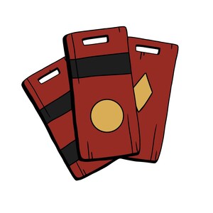 May include: Three red rectangular wooden plaques with black stripes and gold accents. One plaque has a gold circle, another has a gold diamond, and the third has a black stripe. Each plaque has a rectangular hole at the top.